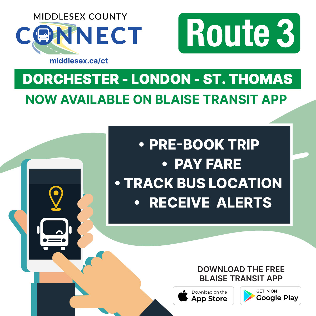 Exciting news! A new transit service is launching on Monday, April 8th, that travels between London, St. Thomas and Dorchester! Download the FREE Blaise Transit app to book your trip!