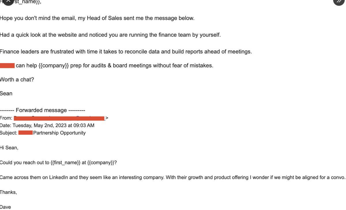 Tech Sales Guy (@techsalesguy3) on Twitter photo <a href="/FlorinTatulea/">Florin Tatulea</a> B2B cold email play worth trying....
Forwarding email from CFO/CEO.
We get approval from C-suite on list of accounts then send this directly from the rep.
- Avg email reply = 2.9%
- Avg email reply with forwarded = 5.5%
Had my doubts, but the data has proved it works. <a href="/FlorinTatulea/">Florin Tatulea</a> B2B cold email play worth trying....
Forwarding email from CFO/CEO.
We get approval from C-suite on list of accounts then send this directly from the rep.
- Avg email reply = 2.9%
- Avg email reply with forwarded = 5.5%
Had my doubts, but the data has proved it works.