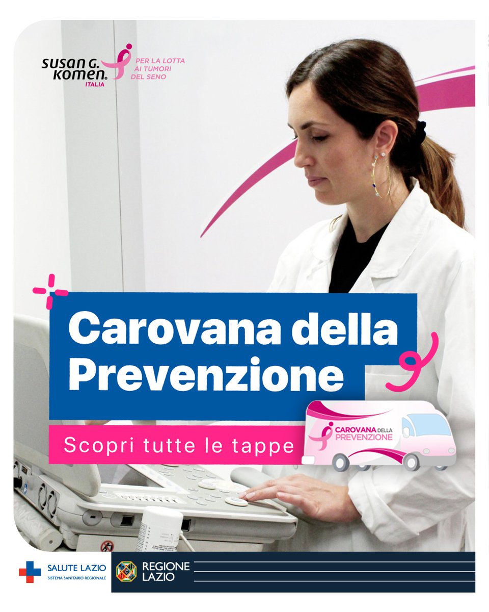 Insieme a @komenitalia siamo in viaggio per promuovere l’importanza della #prevenzione oncologica. Sarà possibile eseguire esami (su prenotazione), avere consulenze e prendere appuntamento per accedere agli screening offerti dalla @RegioneLazio. 👉 bit.ly/3XgmzCY