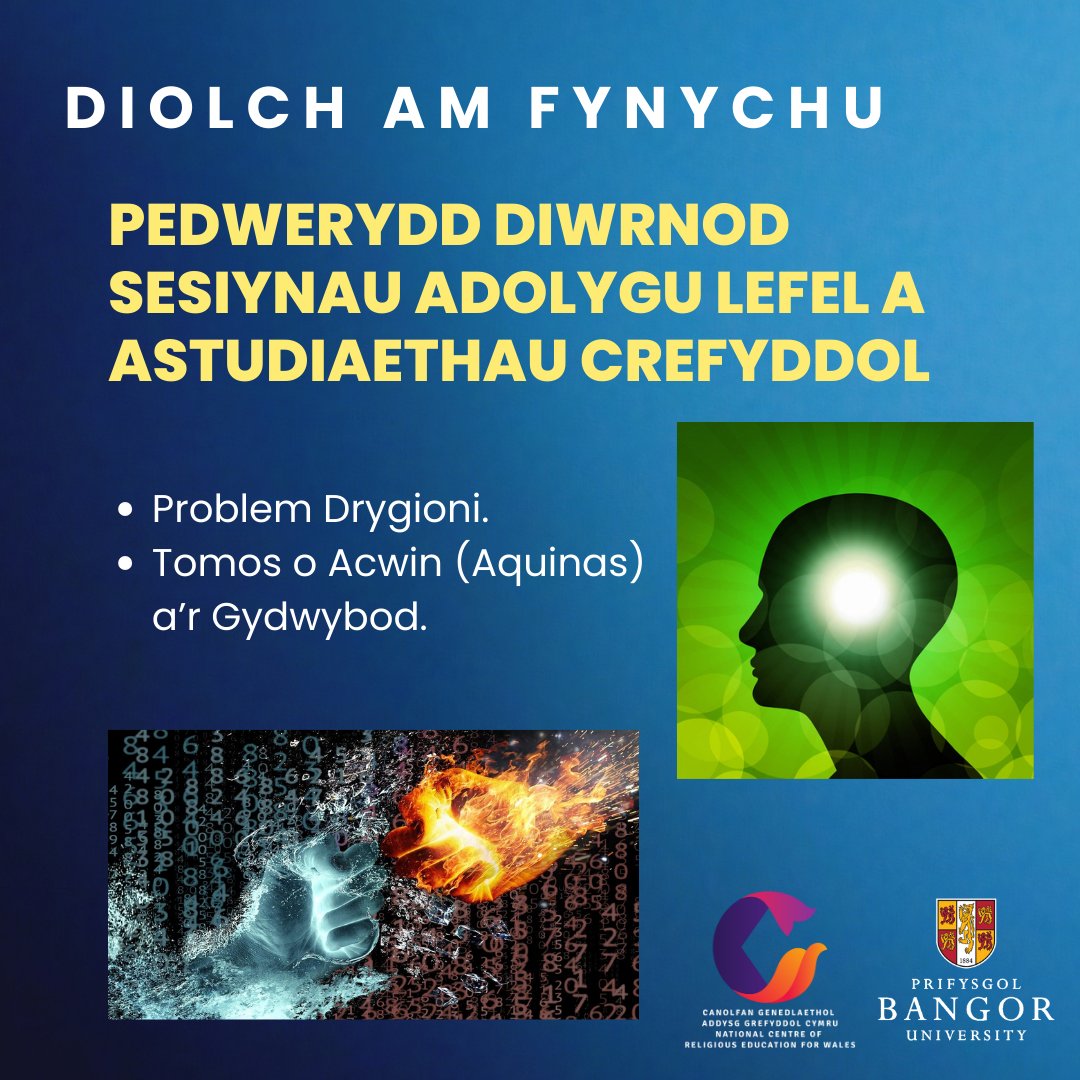 Diolch enfawr i bawb am fynychu'r sesiynau adolygu Addysg Grefyddol Lefel A'r wythnos yma - cafwyd dwy sesiwn eithriadol ddifyr heddiw'n trafod problem drygioni a syniadau Tomos o Acwin (Aquinas) am y gydwybod. Welwn ni chi ddydd Llun gyda'r sesiynau yma: bangor.ac.uk/history-law-so…