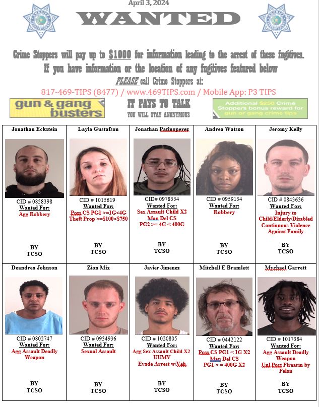 MOST WANTED Do you know the location of any of these individuals? Crime Stoppers will pay up to $1000 for information leading to the arrest of these fugitives. If you have any information on any of the listed fugitives, PLEASE call Crime Stoppers at 817-469-TIPS(8477).