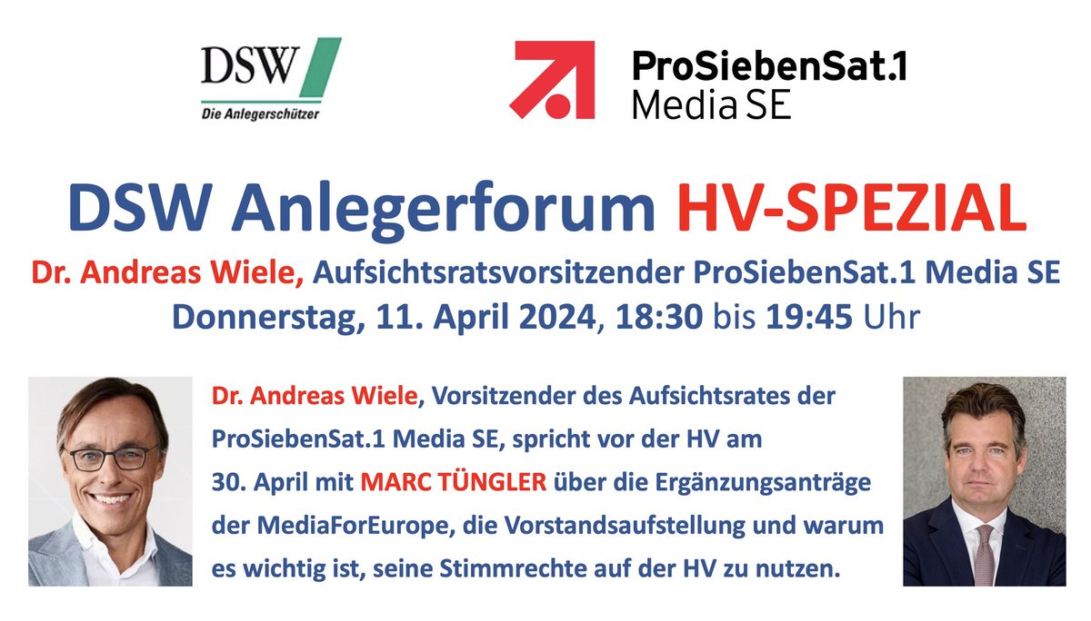 Bei der @P7S1Group stehen die Zeichen bei der HV am 30.04. kräftig auf Sturm.

Hintergrund: 
Anträge der Berlusconi-Familie = MediaForEurope, die auf eine Aufspaltung des Konzerns ausgerichtet sind.

Die Aktionäre der P7S1 sind aufgerufen, sich jetzt intensiv zu informieren.

1/2