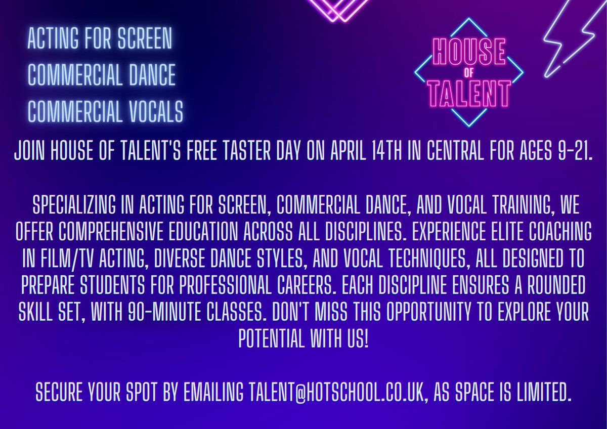 🌟 Exciting News from House of Talent! 🌟 Get ready to dive into the world of performing arts like never before! 🎭🎤💃 Join us for a FREE Taster Day on April 14th and unleash your potential. Whether you're passionate about Acting, Dance, or Singing, this is your chance!