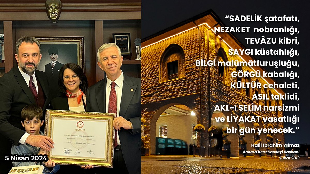 "SADELİK şatafatı,
NEZAKET nobranlığı,
TEVÂZU kibri,
SAYGI küstahlığı,
BİLGİ malûmâtfuruşluğu,
GÖRGÜ kabalığı,
KÜLTÜR cehaleti,
ASIL taklidini,
AKL-I SELİM narsizmi
ve LİYAKAT vasatlığı
bir gün yenecek."  

#AnkaraKazandı 🇹🇷
Şubat 2019 - Nisan 2024
#KadirGecesi

<a href="/mansuryavas06/">Mansur Yavaş</a>