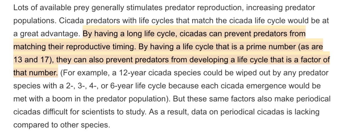 Cicadas make prime numbers and GCD’s look cool. Swarms with 13 and 17 year life cycles will emerge this month in the Southeast U.S. in a rare confluence happening only every 221 years (13 x 17). Here’s why #cicadas have large prime number lifecycles: nature.com/scitable/blog/…