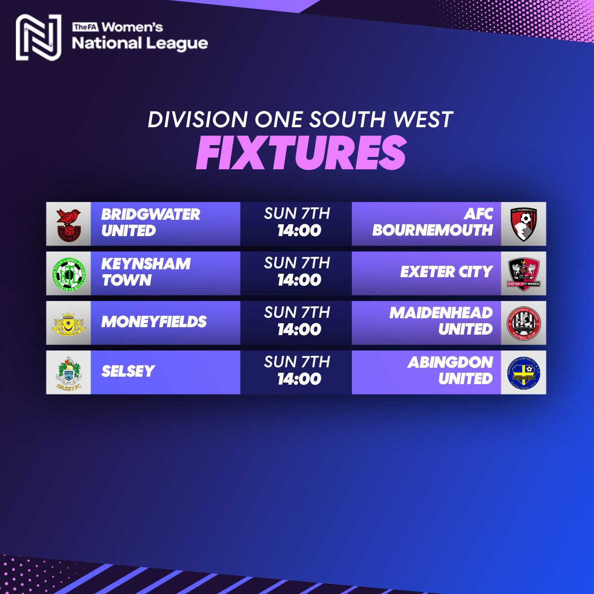 FAWNL's tweet photo. Top six square-offs ❌

Bridgwater United face AFC Bournemouth while Keynsham Town welcome leaders Exeter City.

#FAWNL https://t.co/I8MryslL2Q