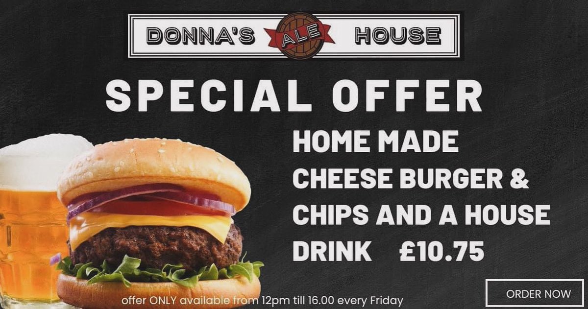 It's time for Friday's special offer at Donna's Ale House! 🍔

With our mouth-watering deal: a delicious homemade burger with cheese, chips, and a refreshing drink, 
#DonnasAleHouse #FridaySpecial #BurgerChipsAle #PubExperience #sittingbourne #fridaynight #pubfood