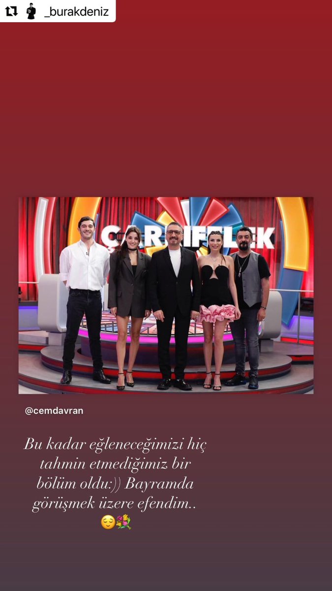 Burak Deniz Türk Fanları (@burak_trfanlari) on Twitter photo #BurakDeniz: Bu kadar eğleneceğimizi hiç tahmin etmediğimiz bir bölüm oldu :))
Bayramda görüşmek üzere efendim..😌💐
<a href="/cdavran/">Cem Davran</a> | <a href="/carkifelektv8/">Çarkıfelek</a> | #Çarkıfelek #BurakDeniz: Bu kadar eğleneceğimizi hiç tahmin etmediğimiz bir bölüm oldu :))
Bayramda görüşmek üzere efendim..😌💐
<a href="/cdavran/">Cem Davran</a> | <a href="/carkifelektv8/">Çarkıfelek</a> | #Çarkıfelek