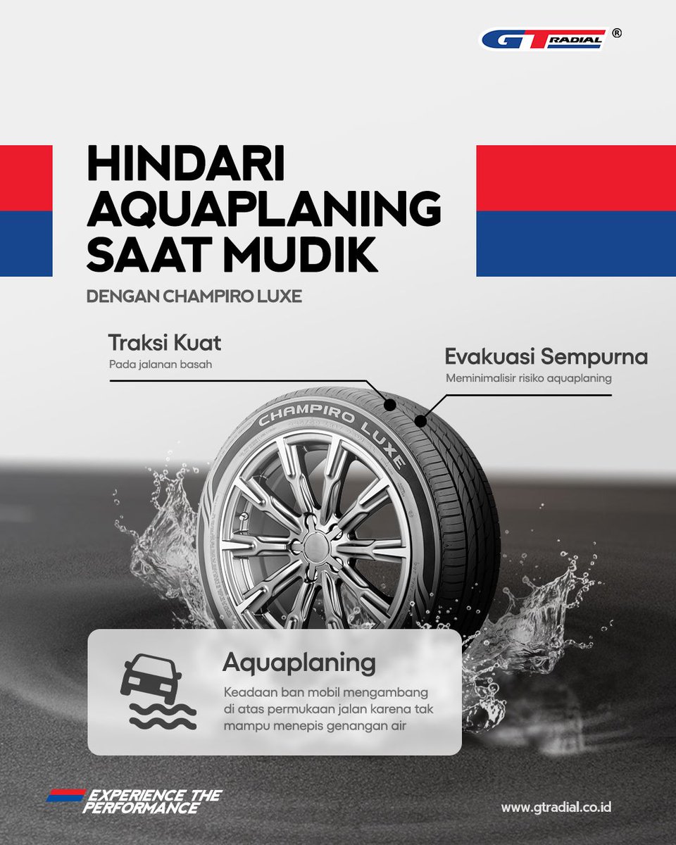 Hindari Aquaplaning saat mudik dengan Champiro Luxe GT Radial 💧 Champiro Luxe sudah didesain khusus untuk melakukan evakuasi sempurna dan memiliki traksi kuat pada jalanan basah untuk memastikan keamanan dan kenyamanan ketika berkendara mudik nanti 👌🏻