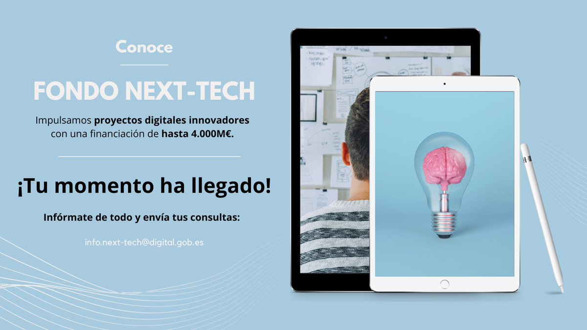 🔎Descubre el Fondo Next-Tech 🚀Impulsando proyectos digitales innovadores con una financiación de hasta 4.000M€. ¡Hagamos crecer la #tecnología 🇪🇸! 🖱️Toda la información aquí: shorturl.at/ekHKX #NextGenerationEU