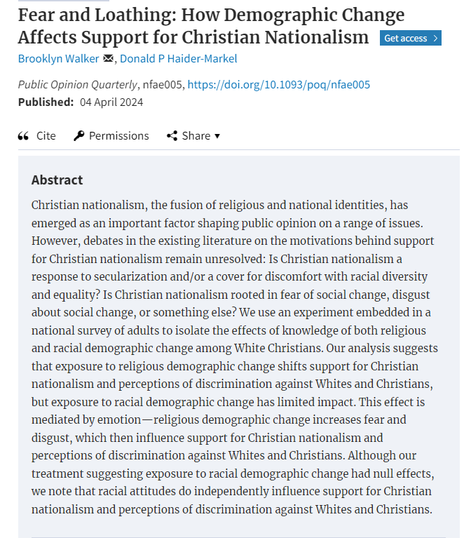 🧵 What causes #ChristianNationalism to increase? Demographic threat. Authors find telling White Christians about threats to Christian numerical dominance evoked disgust which then led to increases in Christian nationalism & belief that Christians are discriminated against. 1/4