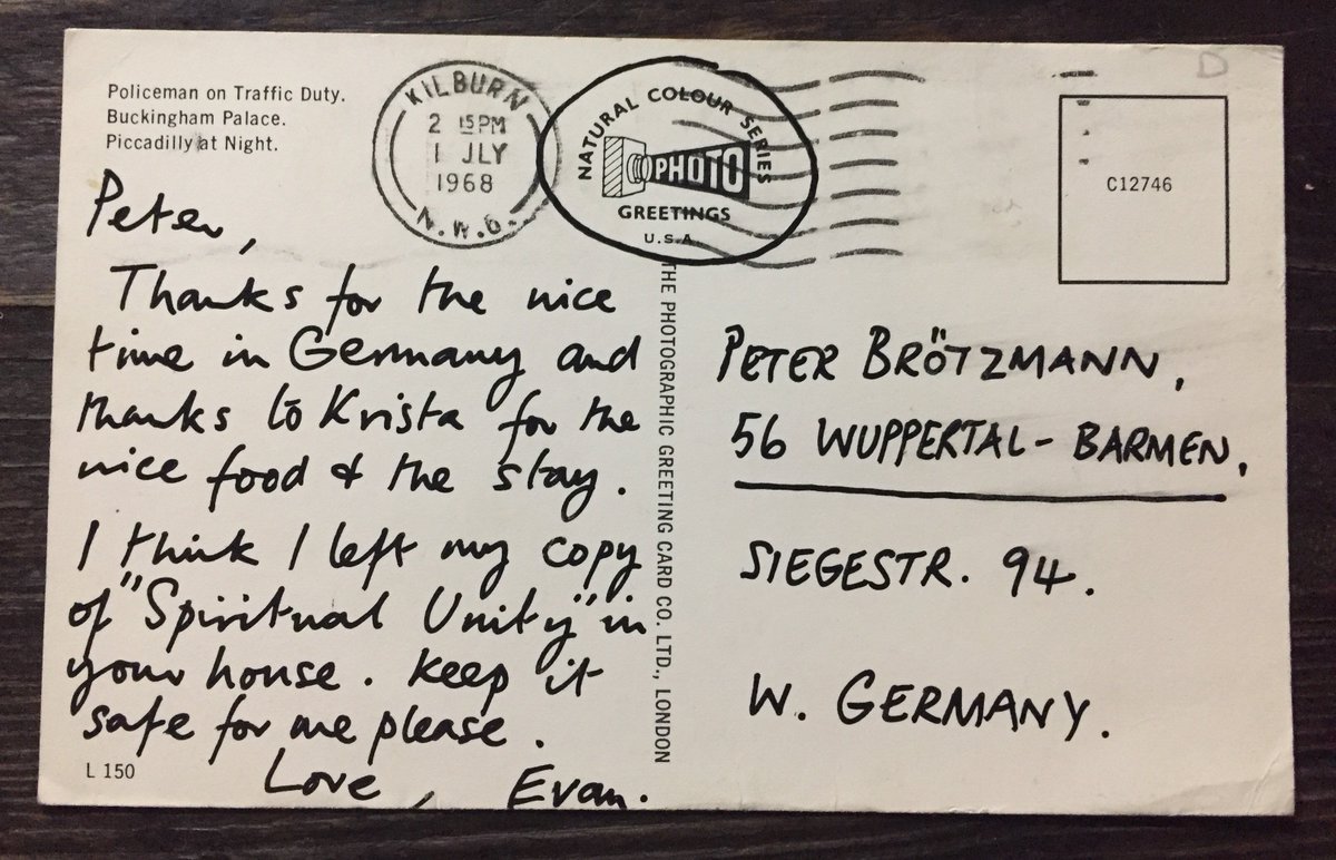 1968 postcard from Evan Parker to Peter Brötzmann “I think I left my copy of ‘Spiritual Unity’ in your house. Keep it safe for me please.” Happy 80th birthday to Evan Parker! Had such an amazing time with him @Cafeoto in February, still a legend in every way