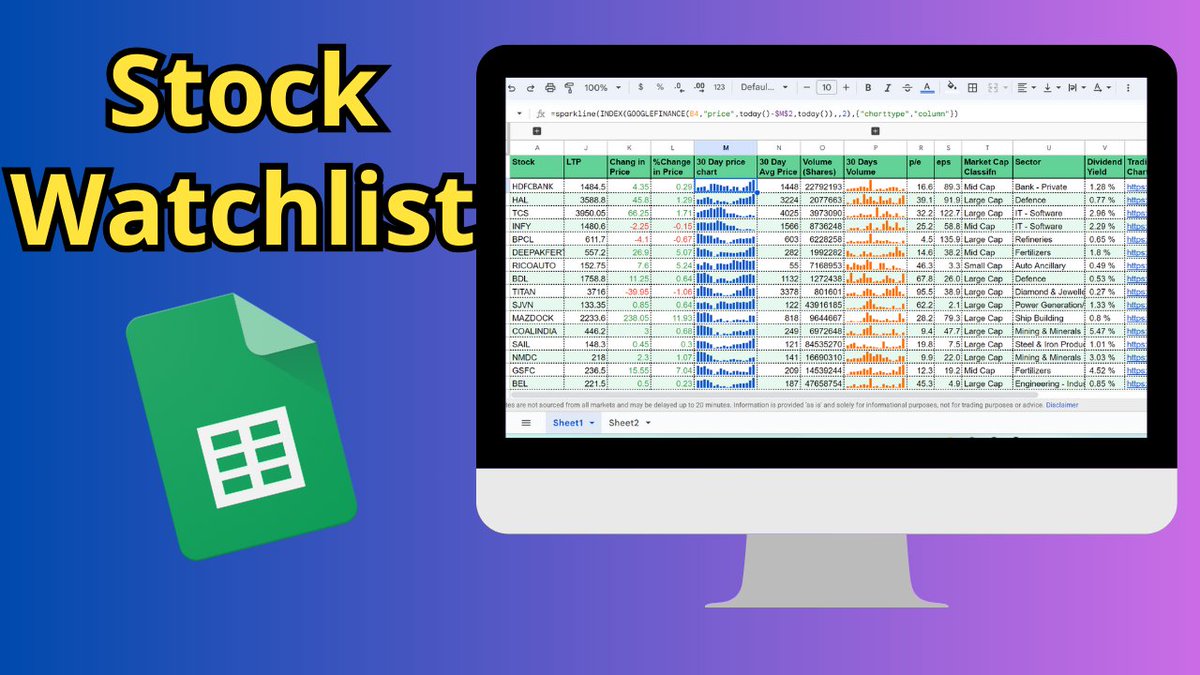 SheetMetric's tweet image. Build your personalized stock watchlist with near-instant data updates and insightful historical charts of volume and prices. #Googlesheets #Googlesheettutorials #stockmarket #googlefinance
A Thread: 🧵(1/4)