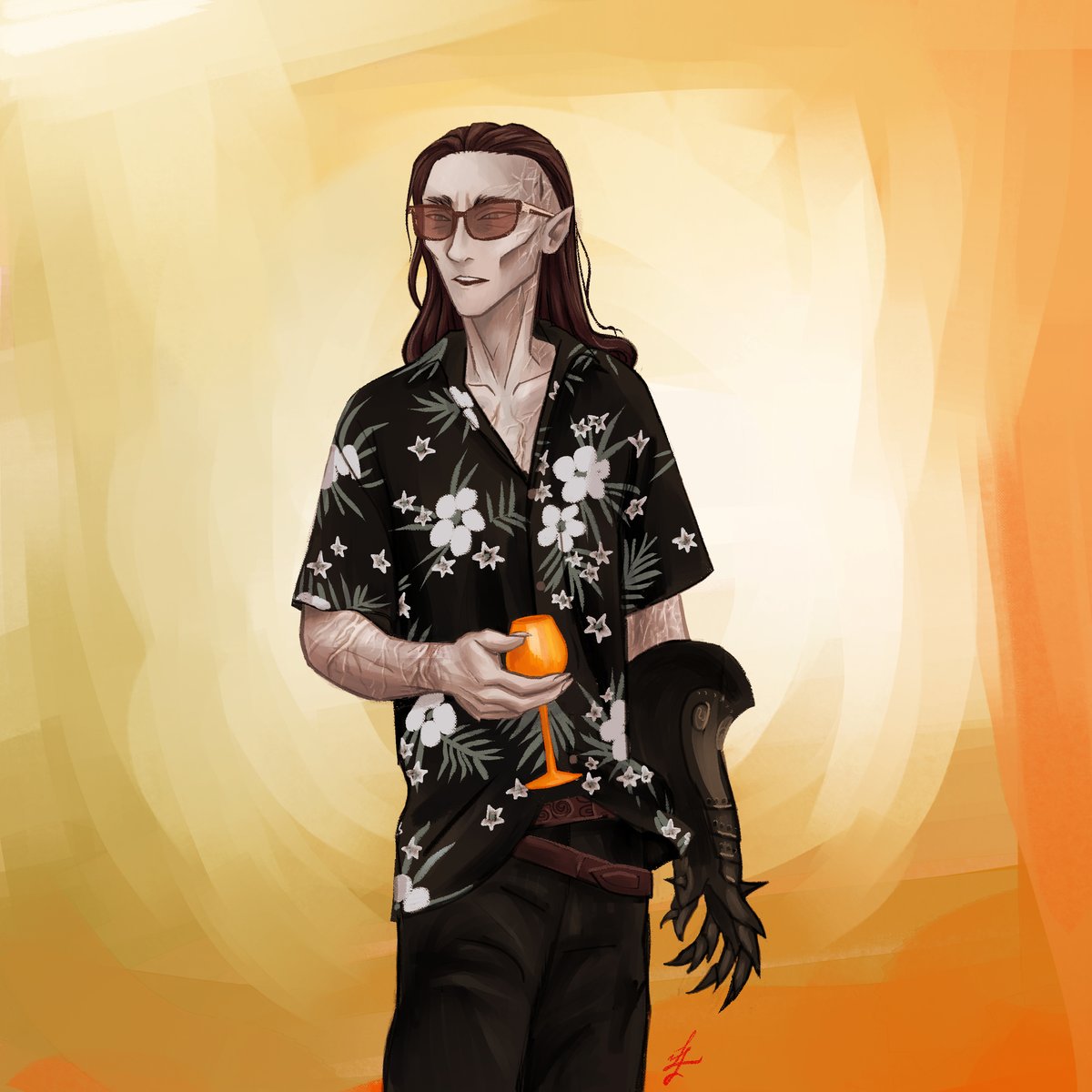 Adar in a tropical shirt and gauntlet enjoying a drink for an improvised Tumblr challenge😆 (First experiments with Clip Studio Paint🥳)