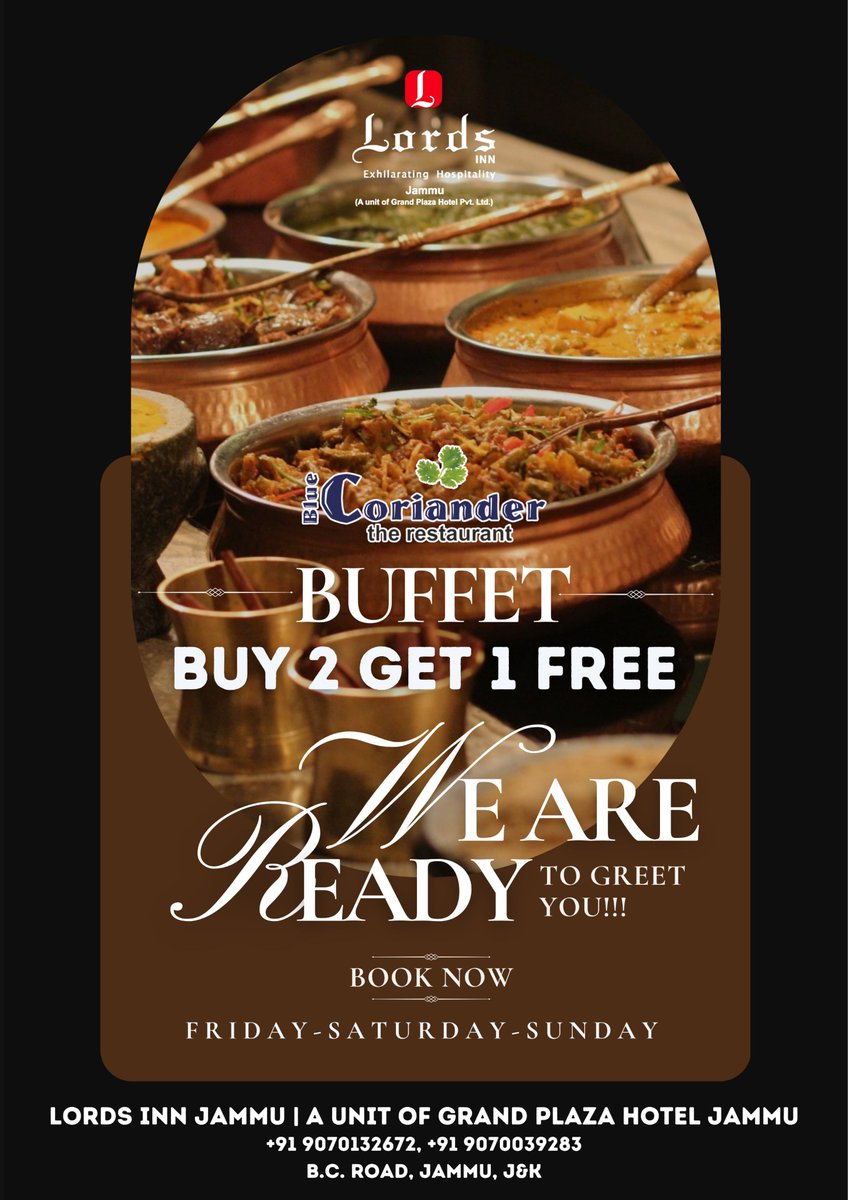 'Indulge in a feast every weekend at Blue Coriander! Join us for our lavish buffet every Friday, Saturday, and Sunday, and when you buy 2, get 1 free. Taste the flavors of excellence with us!'

.

#bluecoriander #buffetspecial #buy2get1free #weekendspecial #buffetbonanza #jammu