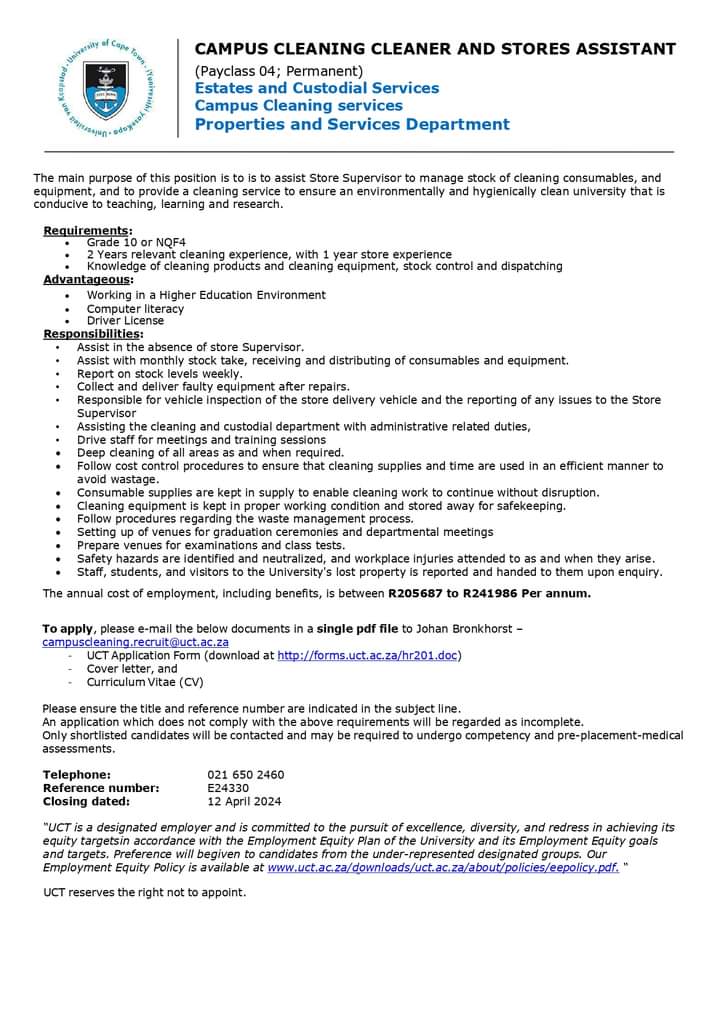 University of Cape Town is hiring! 1. Administrative Assistant 2. Campus Cleaning Cleaner and Stores Assistant Closing Date 11 April 2024 Link : uct.ac.za/staff/general-… Refer to pictures