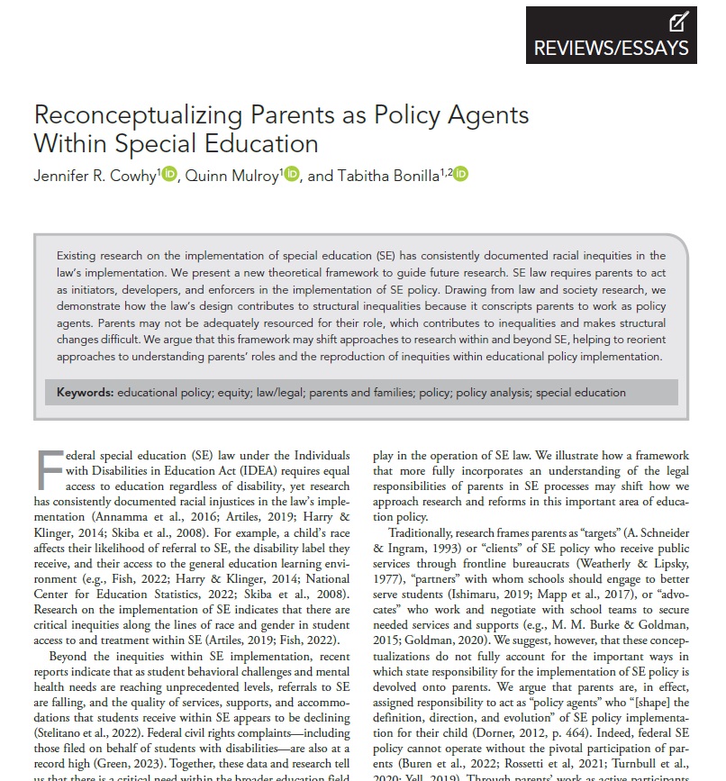 🚨 New Pub Alert!🚨 Thrilled to share a new pub in ER! In this piece, @quinnmulroy, @TabithaBonilla, & I argue that the role of parents has been misunderstood in SE policy rsrch: parents are policy agents who are tasked with tremendous responsibility to implement and support SE