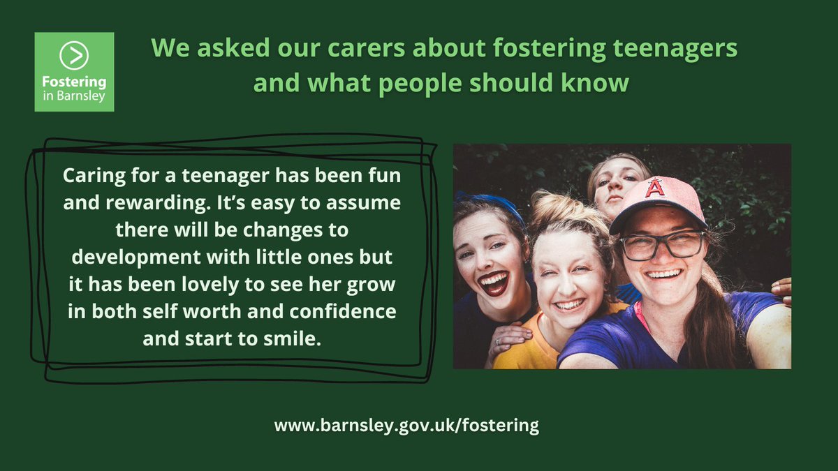 Could you foster a teenager? 💚

To find out more information about fostering teenagers or fostering in general, call our friendly team on 01226 775876 or go to barnsley.gov.uk/fostering