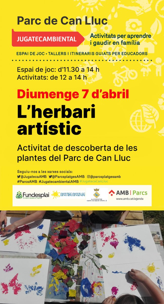 📢 Aquest diumenge 7/4 tenim Jugatecambiental al Parc de Can Lluc ‼️ 💐 «L'herbari artístic» 🌾 Activitat de descoberta de les plantes del parc 🕦 Espai de joc en família, d'11.30 h a 13.30 h 🕛 Activitats, de 12.00 h a 13.30 h #ParcsAMB #JugatecambientalAMB #JugatecaCanLluc