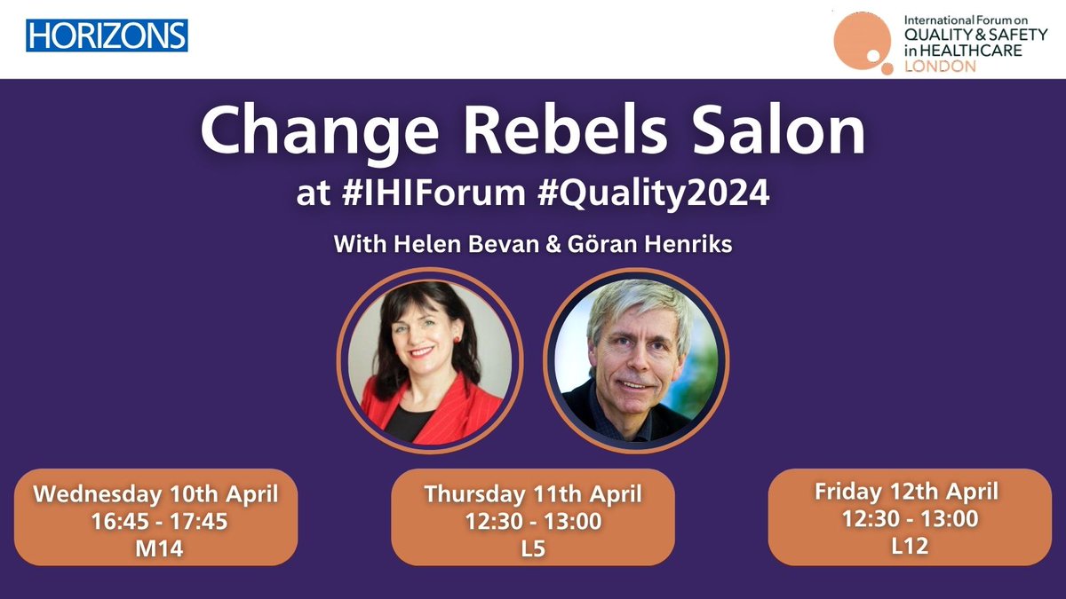 The Change Rebels Salon is coming to the #IHIForum! Led by @HelenBevan & @goranhenriks the salon is open each day of the @QualityForum. Come and join people who are committed to transformational change and meet other bold, courageous change rebels in health and care ✨