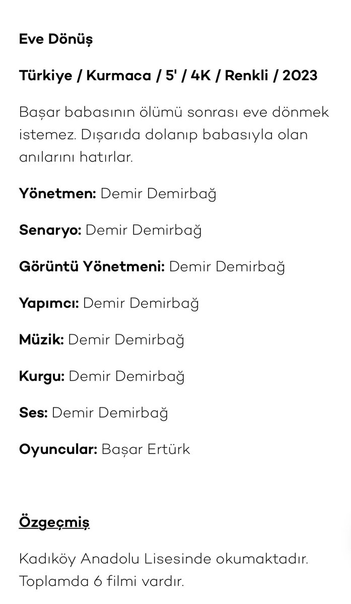 11. Sınıf Öğrencilerimizden Demir Demirbağ'ın Yönettiği ve Başar Ertürk' ün oynadığı Eve Dönüş filmi Akbank Kısa Film Festivalinde Genç Bakışlar kategorisinde en iyi film ödülü aldı.Öğrencimizi tebrik ediyor , başarılarının devamını diliyoruz.💛💚🎦🎦youtu.be/QblpXQZfTHM?si…