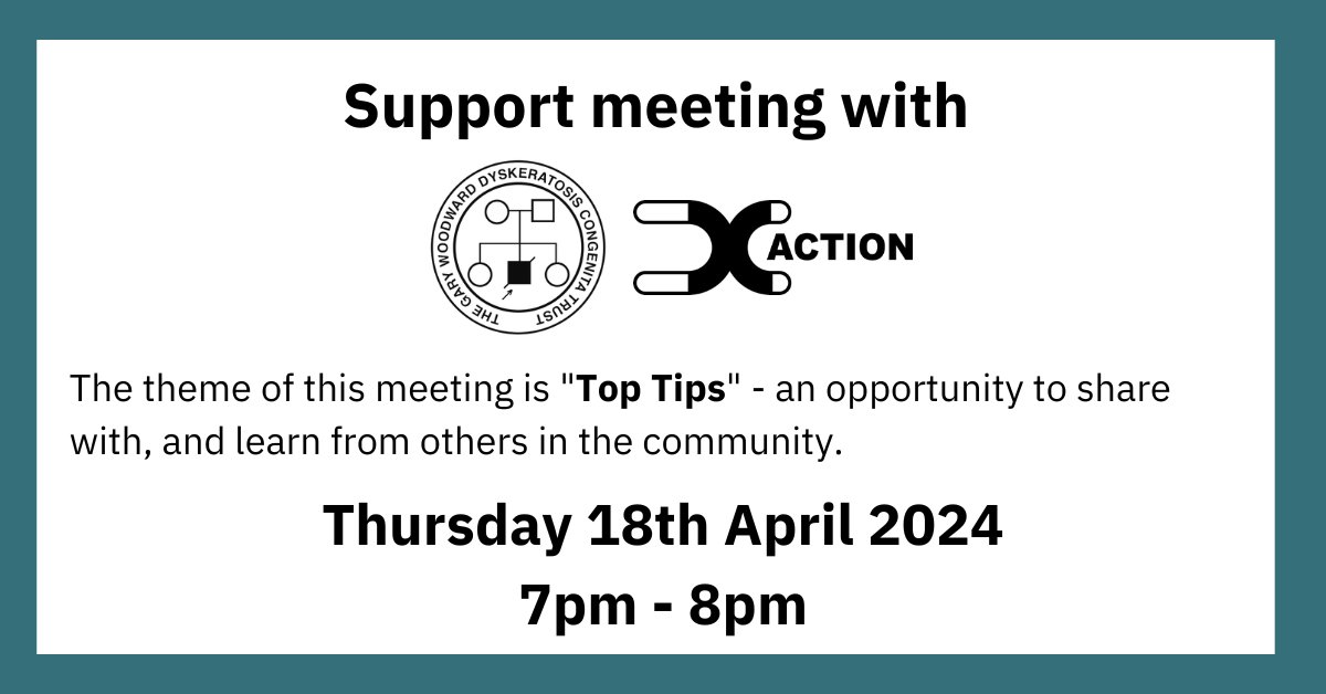 DC_Action's tweet image. Join DC Action and The Gary Woodward Dyskeratosis Congenita Trust for a community support group meeting, specifically for patients with Dyskeratosis congenita and those who care for loved ones with the condition.
tickettailor.com/events/dcactio…
#DyskeratosisCongenita
