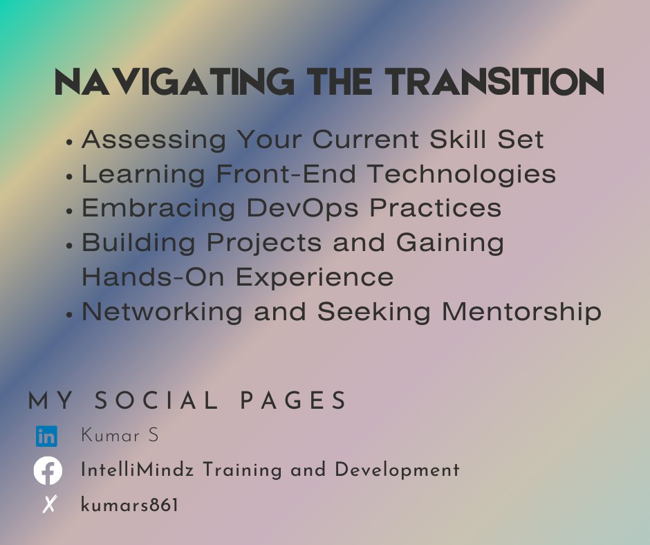 kumars861's tweet image. Excited to embark on my journey from #JavaDeveloper to #FullStackEngineer! Join me as I navigate the transition, mastering #FrontEndTech like #JavaScript & #React, embracing #DevOps practices, and building impactful projects.
#CareerTransition #TechJourney #LearningAndGrowing