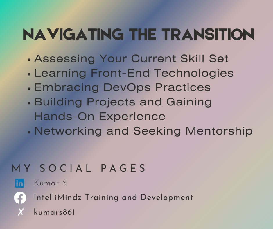 Excited to embark on my journey from #JavaDeveloper to #FullStackEngineer! Join me as I navigate the transition, mastering #FrontEndTech like #JavaScript & #React, embracing #DevOps practices, and building impactful projects. 

#CareerTransition #TechJourney #LearningAndGrowing