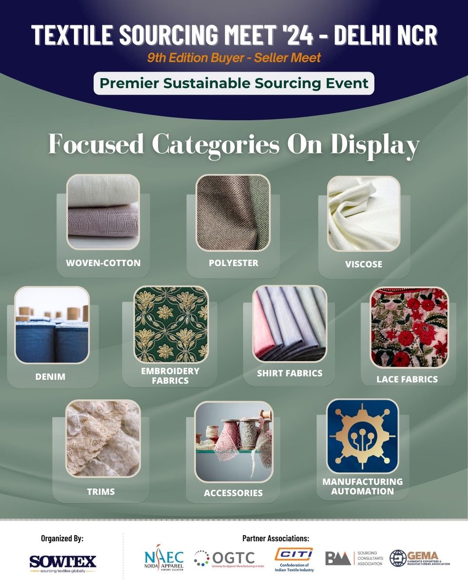 SowtexNetwork's tweet photo. Premier Sustainable Sourcing Meet ’24 in Delhi NCR.

Join this unique Sustainable Sourcing event in Delhi NCR 10th-11th April 2024.

For details, Register here: https://t.co/j6POgE1myC
.
.
.
#Sustainablematerials #fabrics #B2BSourcing #textilesupplychain #textile https://t.co/aV4l0VrrsV