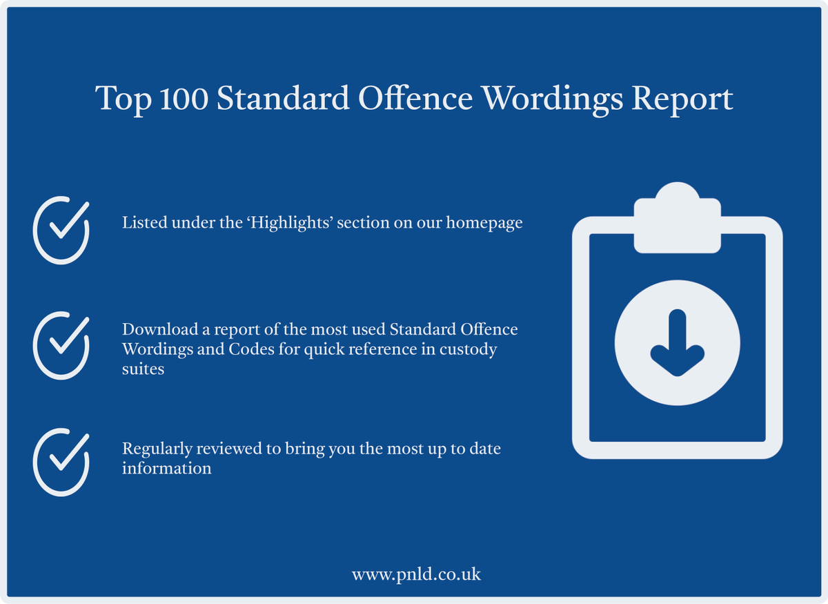 📝 Top 100 Standard Offence Wordings Update! We have updated our report of the most used Standard Offence Wordings and Codes for quick reference in custody suites 🚔 💻 Login to PNLD to download now