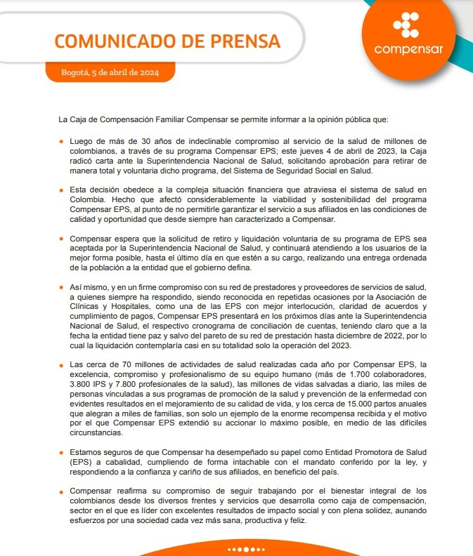 NoticiasCaracol's tweet photo. #LOÚLTIMO | Compensar EPS presenta solicitud de retiro y liquidación voluntaria ante la Superintendencia Nacional de Salud. 

"Esta decisión obedece a la compleja situación financiera que atraviesa el sistema de salud en Colombia", señala. 

Aquí el comunicado.

Más en https://t.co/zPk0bC9wFT