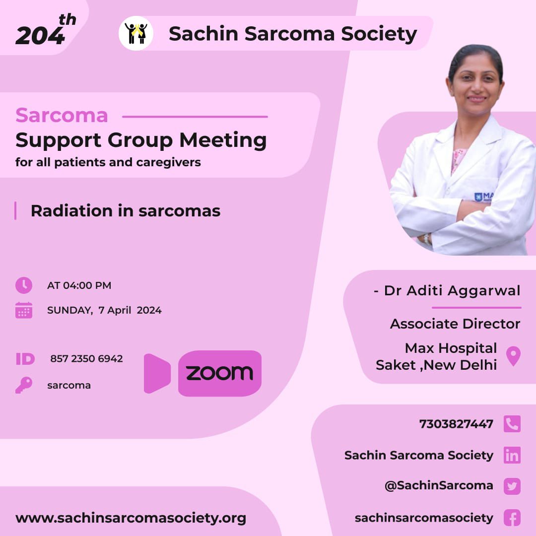 Organising 204 th #sarcoma #supportgroup meeting on this Sunday. Dr Aditi Aggarwal will be the guest speaker giving educational session and addressing concerns of patients on radiation in sarcomas. #awareness #companionship #education