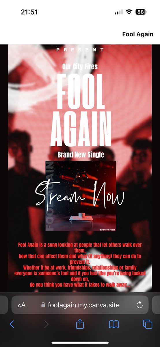 OurCityFires's tweet photo. “Fool Again” our latest single, go stream it 🔥🔥🔥

https://t.co/a0FyBHWBOQ https://t.co/f3EaMhn0ho