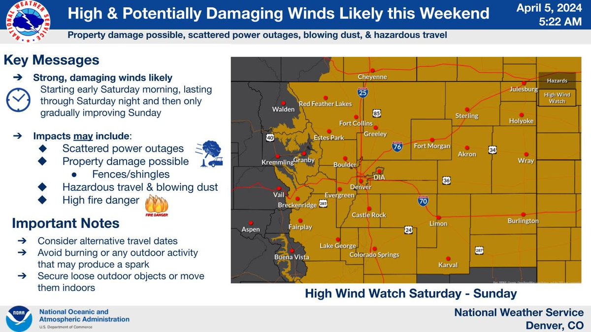 NWSBoulder's tweet photo. In Colorado, we are used to windy days and wind storms. This weekend's wind storm will not be like our typical wind storm. We are expecting winds to reach 100 mph in the foothills! Winds this strong may lead to property damage and power outages. COwx https://t.co/hRYJytzxNC