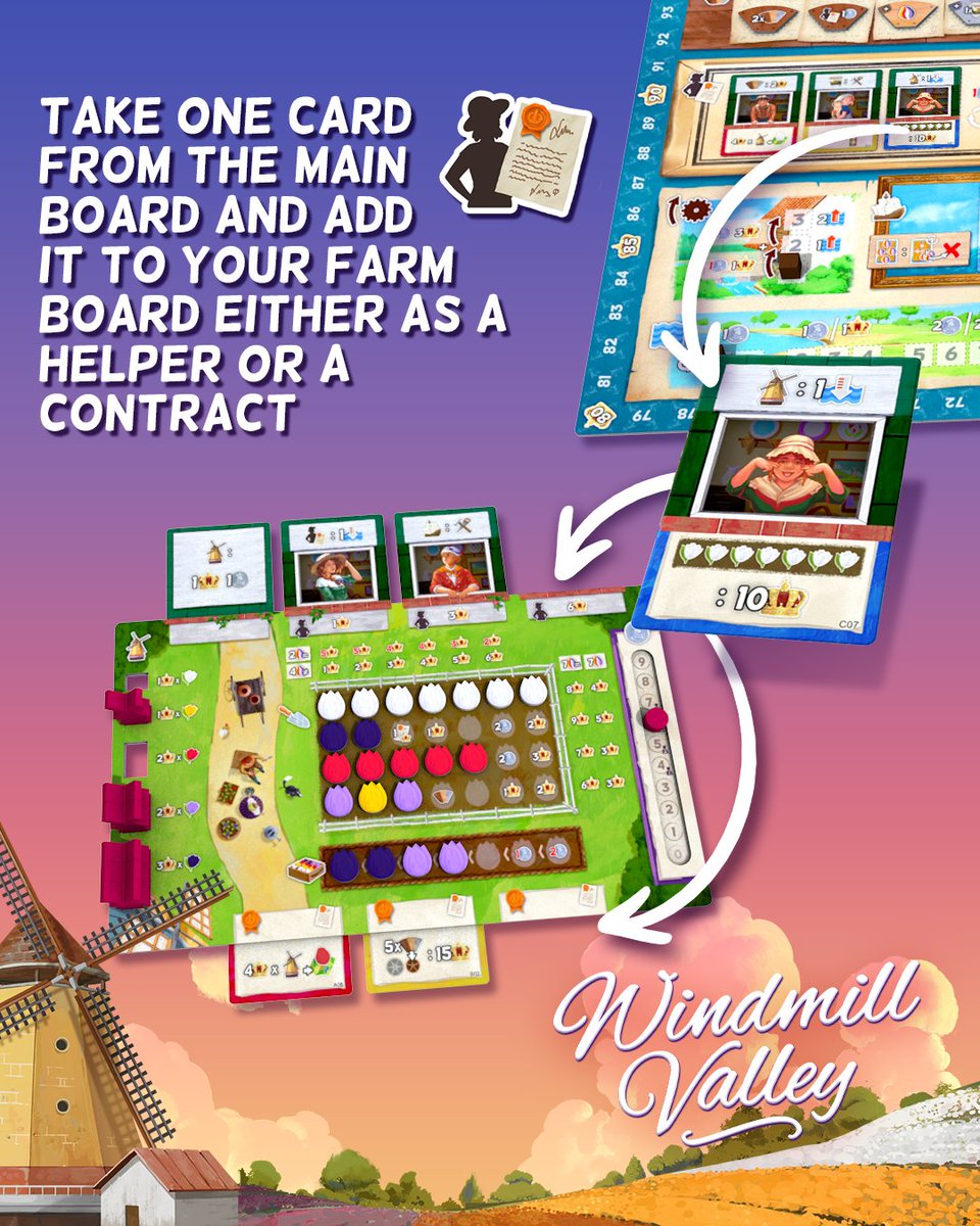 In Windmill Valley cards can be used as Helpers who are really beneficial during the game, or contracts that are counted at the end. Use a Farm Enhancement action, take one card from the offer and decide how you want to use it. Check out the pre-order now! bit.ly/3TIhQcS