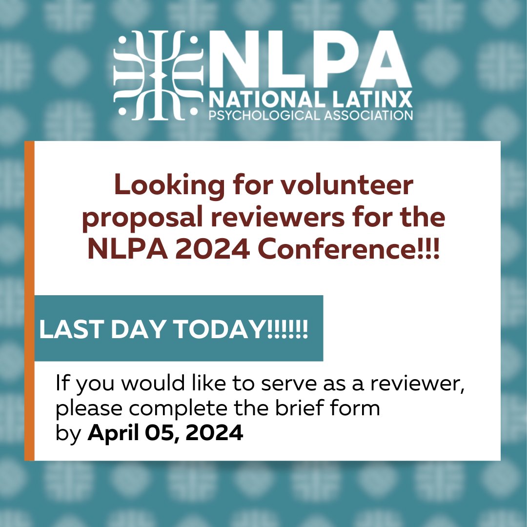 Cmon cmon everyone! Last day! Thank you to those who have already applied. TODAY is the last day to fill out the form and apply to be a reviewer for NLPA's Conferencia. ow.ly/JUgH50QZSXf