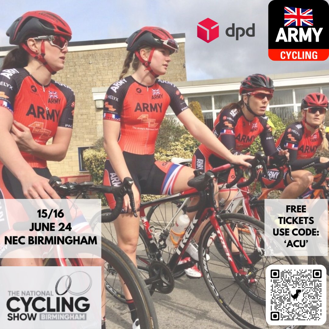 Last few days to claim your tickets for the National Cycling Show at the NEC Birmingham! To claim your FREE tickets on behalf of the Army Cycling Union use the QR code or click on the link below: tiny.cc/ArmyCyclingNCS Free tickets are available until 08 April 24!