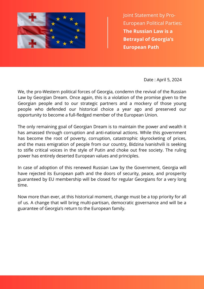 Our joint statement with other pro-European political parties against the renewed Foreign Agent Law. 'Change must be a priority for all of us, a change that will bring multi-partisan, democratic governance and will be a guarantee of Georgia's return to the European family.'