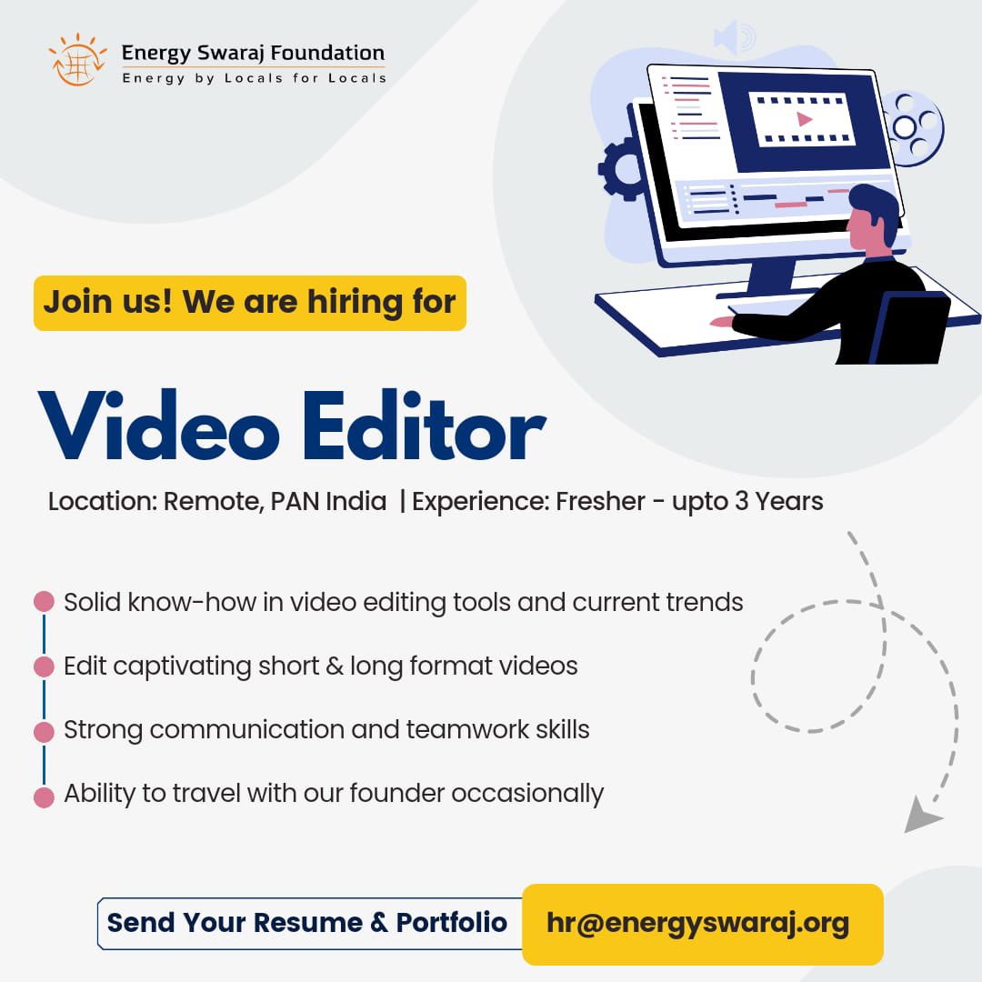 Join our dynamic team at ESF as Video Editor✨ Be the storyteller of Energy Swaraj Foundation, working closely with our Marketing and Design teams to scale up Climate Correction awareness. 🌍💡 Apply now, fill the form forms.gle/2hRq75jMMDetJc… #EnergySwaraj #videoeditor #hiring