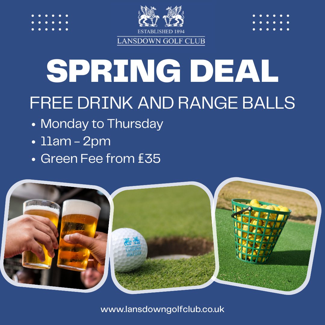 Spring has arrived and so has our Spring Deal! Starting Monday the 8th. Grab yourself a free drink and 25 range balls when playing 18 holes! Deal valid Mondays to Thursdays from 11am to 2pm Click the link below to book: visitors.brsgolf.com/lansdown#/cour…