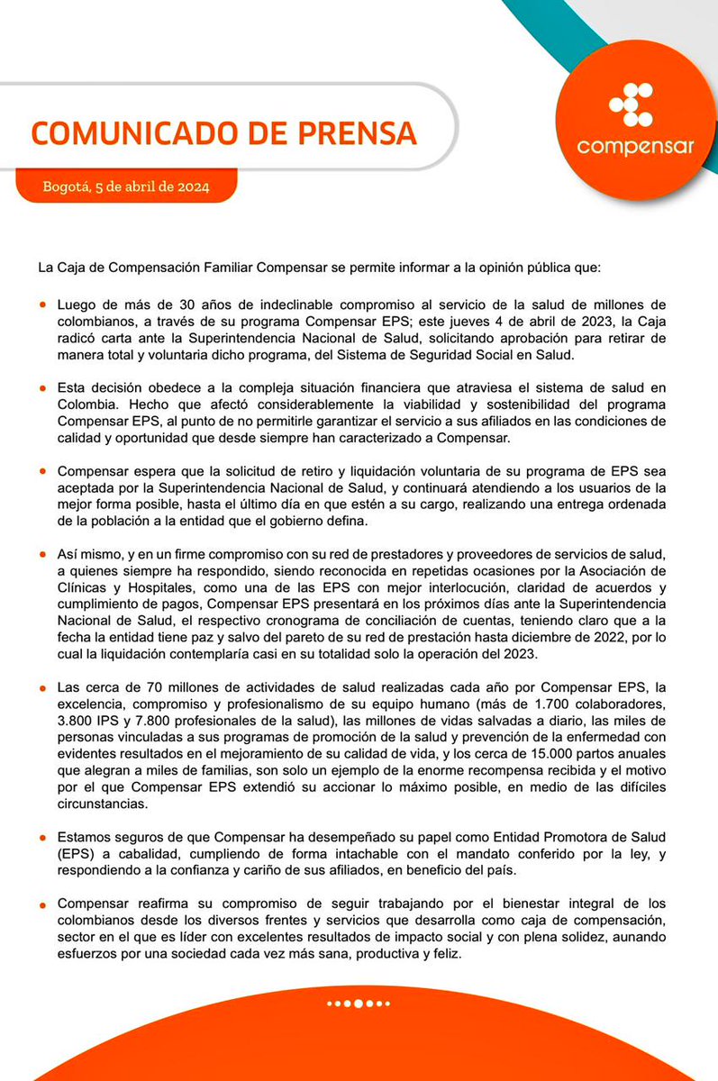#ÚltimaHora | Compensar presentó a la Superintendencia de salud su solicitud de retiro y liquidación voluntaria de su programa de EPS.