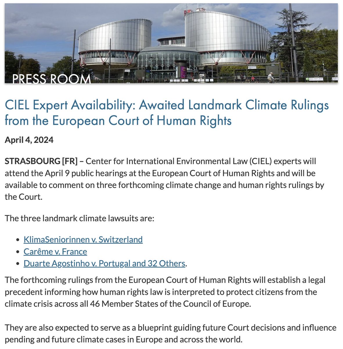 🌍⚖️ Seb Duyck | @duycks.bsky.social (@duycks) on Twitter photo 📢We are just days before historic decisions by the 🇪🇺⚖European Court of #HumanRights in 3⃣landmark #ClimateJustice cases
The significance of these cases could not be overstated.
@CIEL_tweets' experts will follow closely & available for comments, see: ciel.org/news/https-www… 📢We are just days before historic decisions by the 🇪🇺⚖European Court of #HumanRights in 3⃣landmark #ClimateJustice cases
The significance of these cases could not be overstated.
@CIEL_tweets' experts will follow closely & available for comments, see: ciel.org/news/https-www…