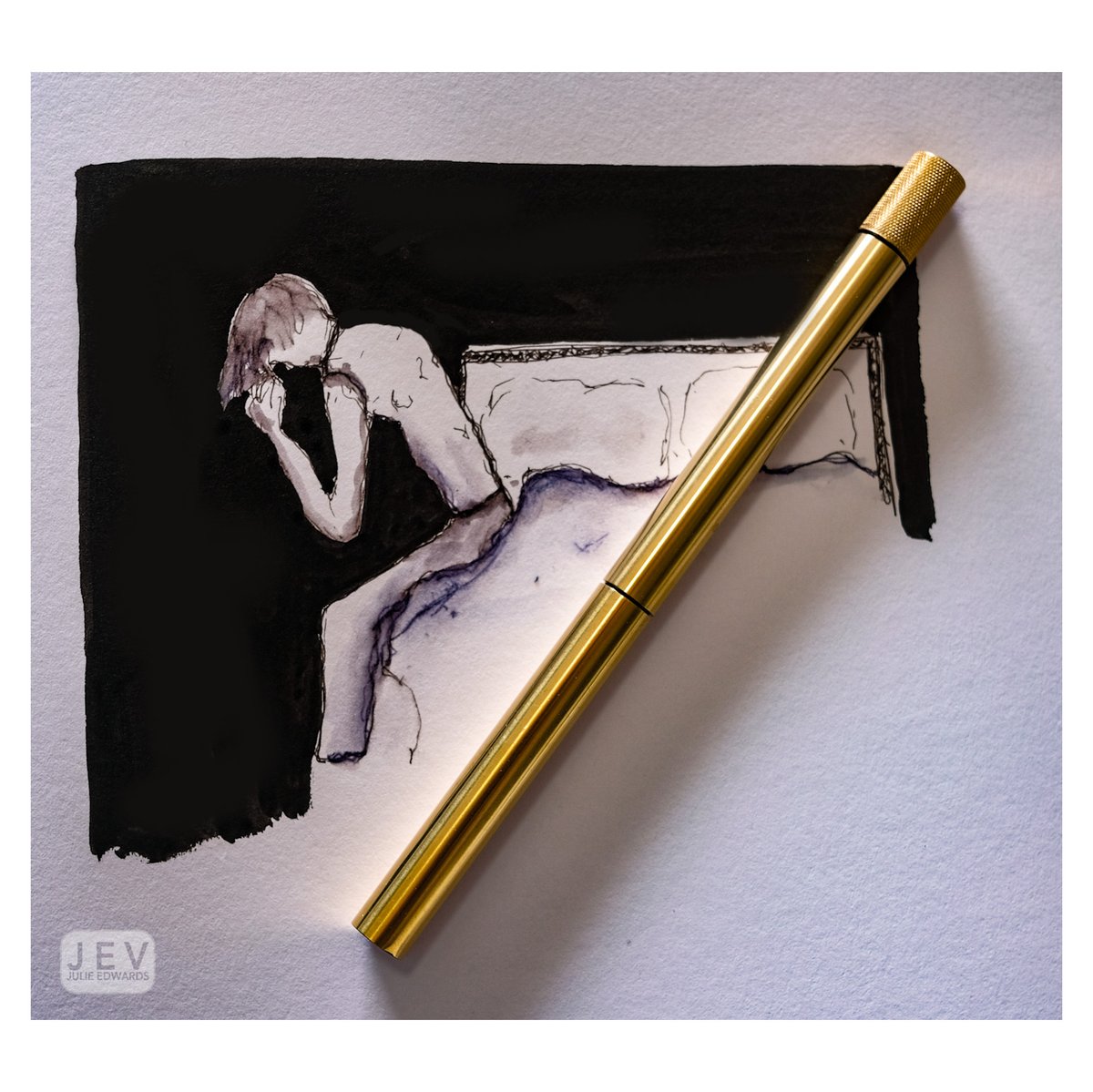 Enjoying a new self-treat - a @tomsstudio #limitededition #brass #fineliner pen exploring some #illustration ideas #despair #inksketch drawn with black & constellation (purple) ink, adding the #indianink background after The #studiojev is open till 3pm @eastbeachstudios today.