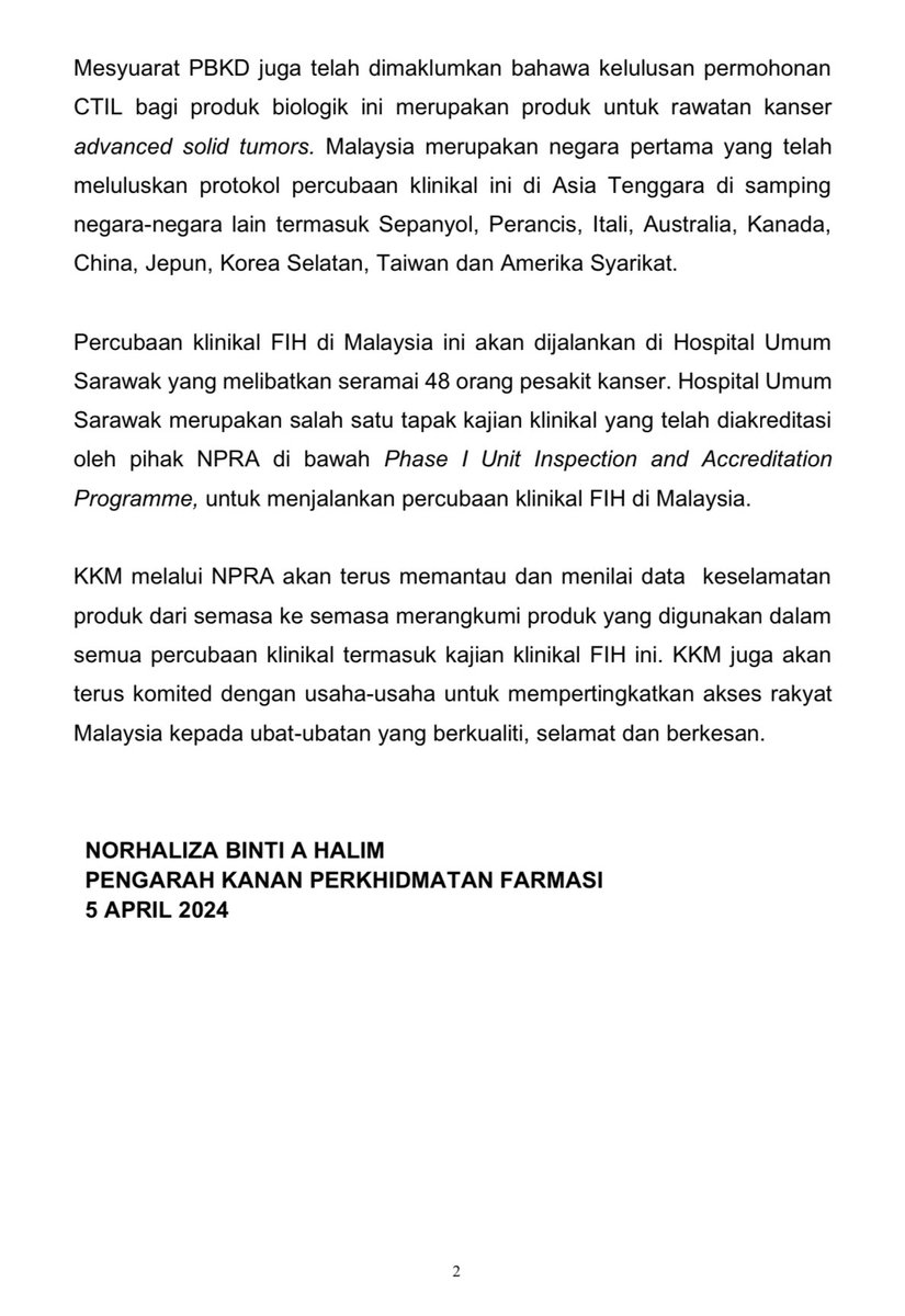 Kenyataan Media Kementerian Kesihatan Malaysia Kelulusan Permohonan Lesen Import Percubaan Klinikal Produk Biologik Bagi Percubaan Klinikal First-In-Human (FIH)