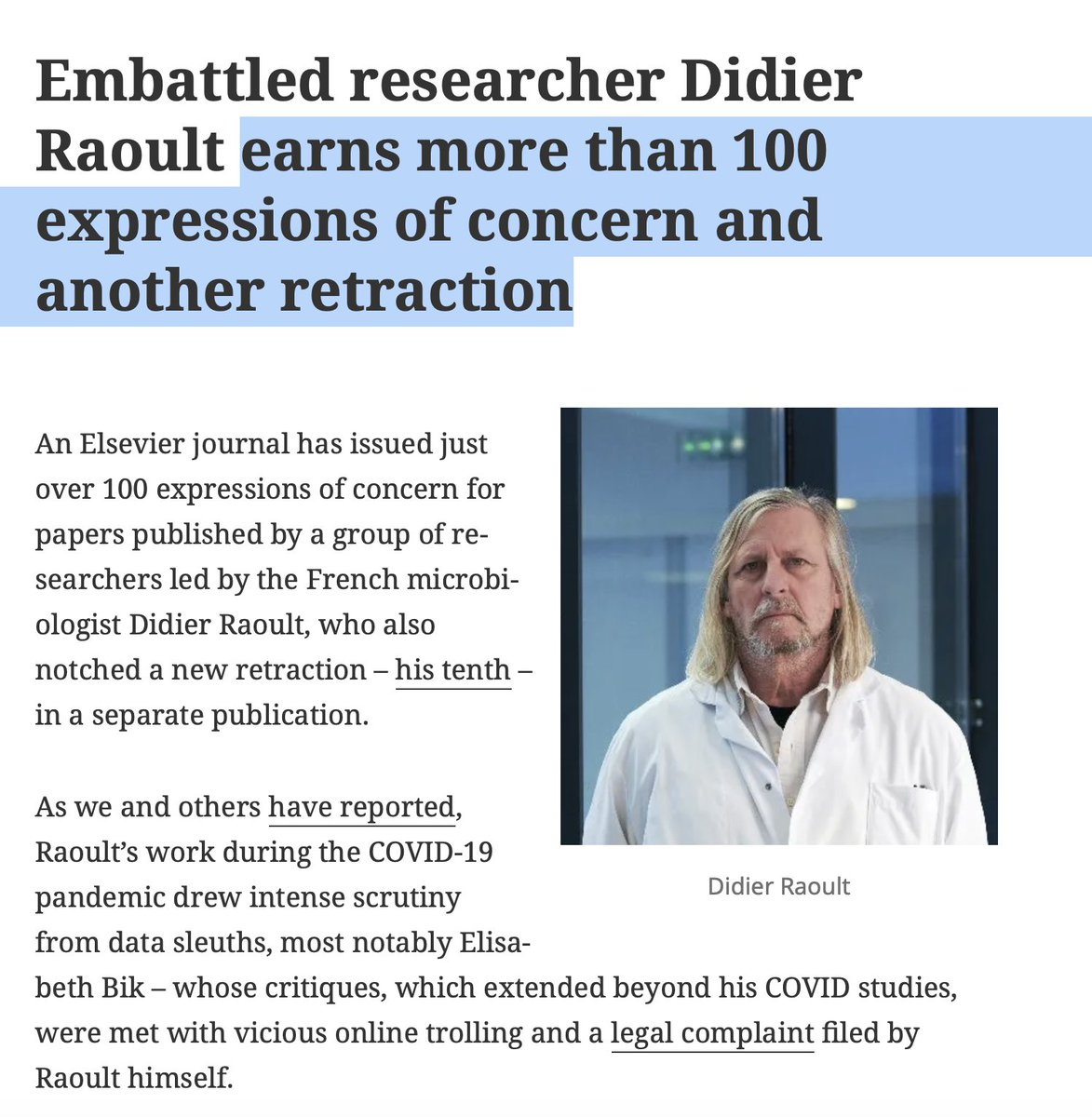 HUGE!!! 'When it rains it pours' I think it's unheard of. A single researcher from the @IHU_Marseille receives more than 120 expressions of concern (EoC) about their articles. Many are in our list of 456 mentioned in @RIPRJournal and @ScienceMagazine Still no intervention or…