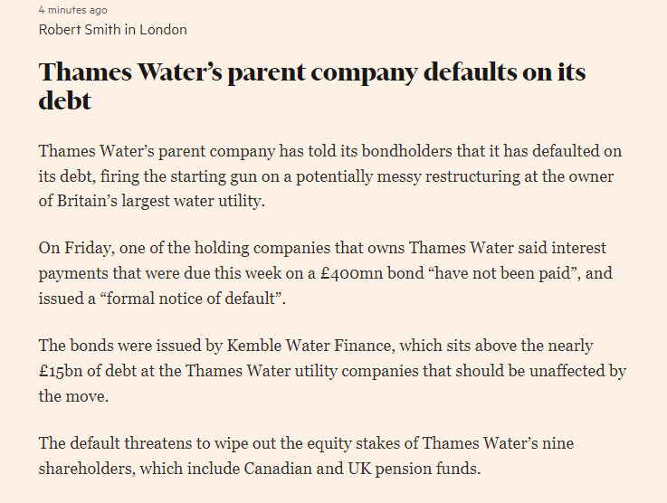 The Thames Water saga has moved from the 'gradually' to the 'suddenly' stage: parent company Kemble announces it has defaulted on its debt