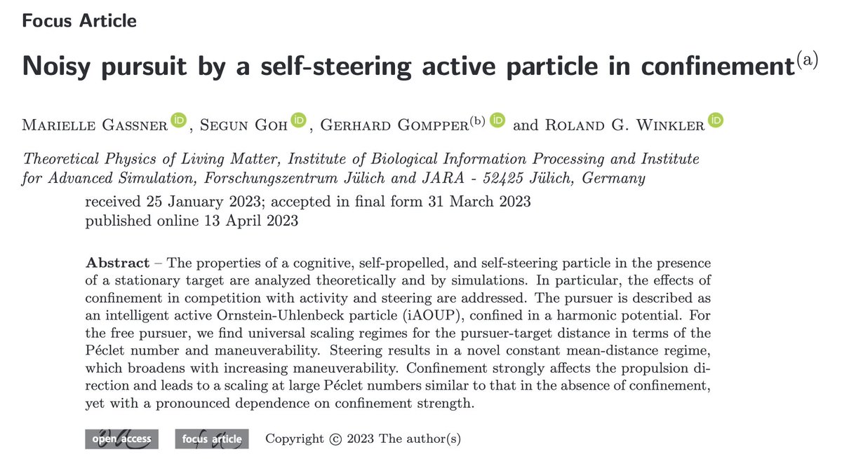 FREE TO READ - FOCUS ARTICLE - OPEN ACCESS: Noisy pursuit by a self-steering active particle in confinement by Marielle Gassner, Segun Goh, Gerhard Gompper and Roland G. Winkler - #FreeToRead #FocusArticle #OpenAccess @fz_juelich 👉 vu.fr/SOWeR