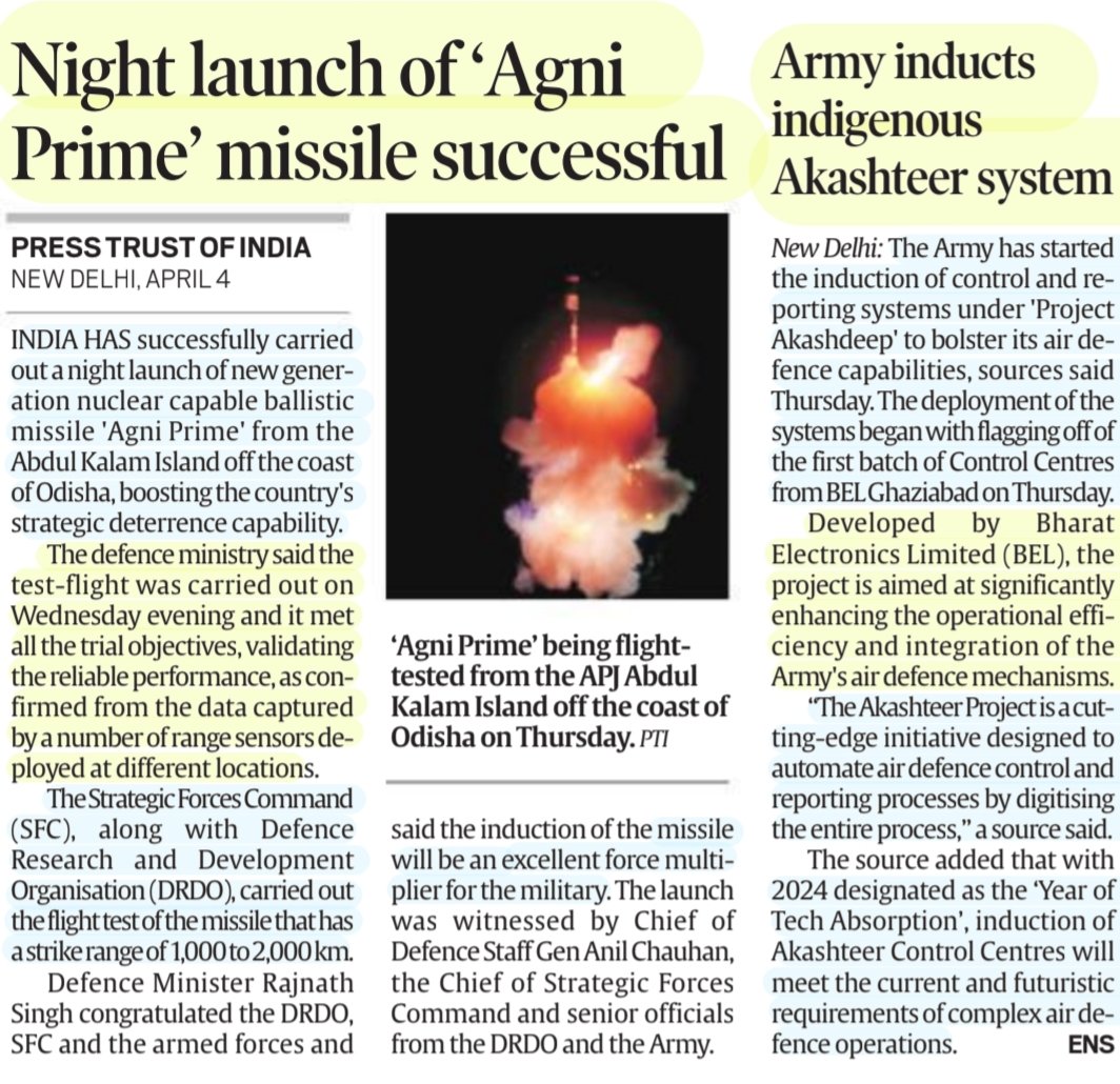 imRavikantYadav's tweet image. Todays #defence #news 

*Night Launch of #AgniPrime missile successful
#SFC #DRDO

*#Army inducts #INDIGENOUS #Akashteer system- Automate Air defense system, #Digitising processes
-Project #Akashdeep 
-2024 'Year of #Tech absorption'

#Defense #security 

#UPSC

Source: IE