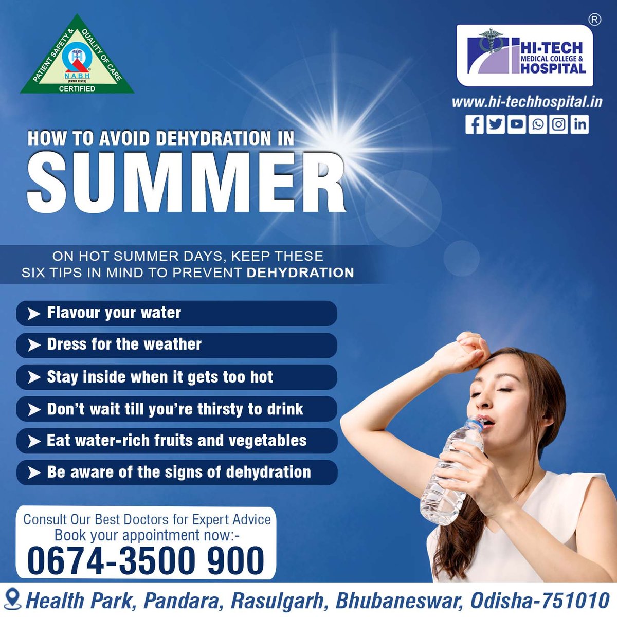 Beat the summer heat by staying hydrated! 
Remember to drink water throughout the day to avoid dehydration.

Call 𝟎𝟔𝟕𝟒-𝟑𝟓𝟎𝟎𝟗𝟎𝟎 in Case of Emergencies, We are available 24*7

 #StayHydrated #SummerSafety #hitechhospital #hospitality #heatwaves #Odisha #summerwaves