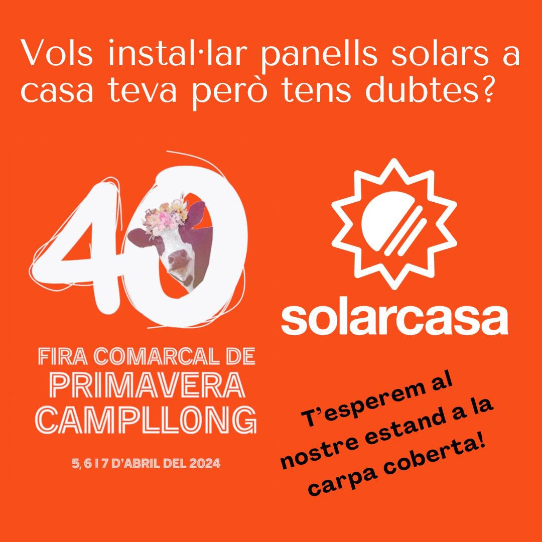 Som a la <a href="/FiraCampllong/">Fira Campllong</a> 
📌 Dissabte 6 i Diumenge 7 d’abril de 10 a 20h!

Passeu pel nostre estand i trobareu la millor solució per instal·lar panells solars a casa vostra! i/o bateries, pèrgoles FV, carregador de cotxe elèctric, manteniments... ☀️⚡🏡🔋🚗

#FiraCampllong40anys